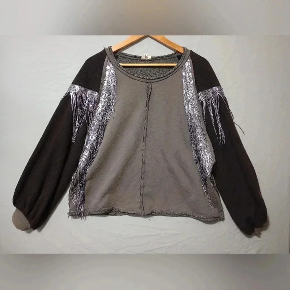 POL Western Fringe Top Blouse Sz S Shiny Sequins Preppy Rodeo Balloon Sleeve - Picture 1 of 7